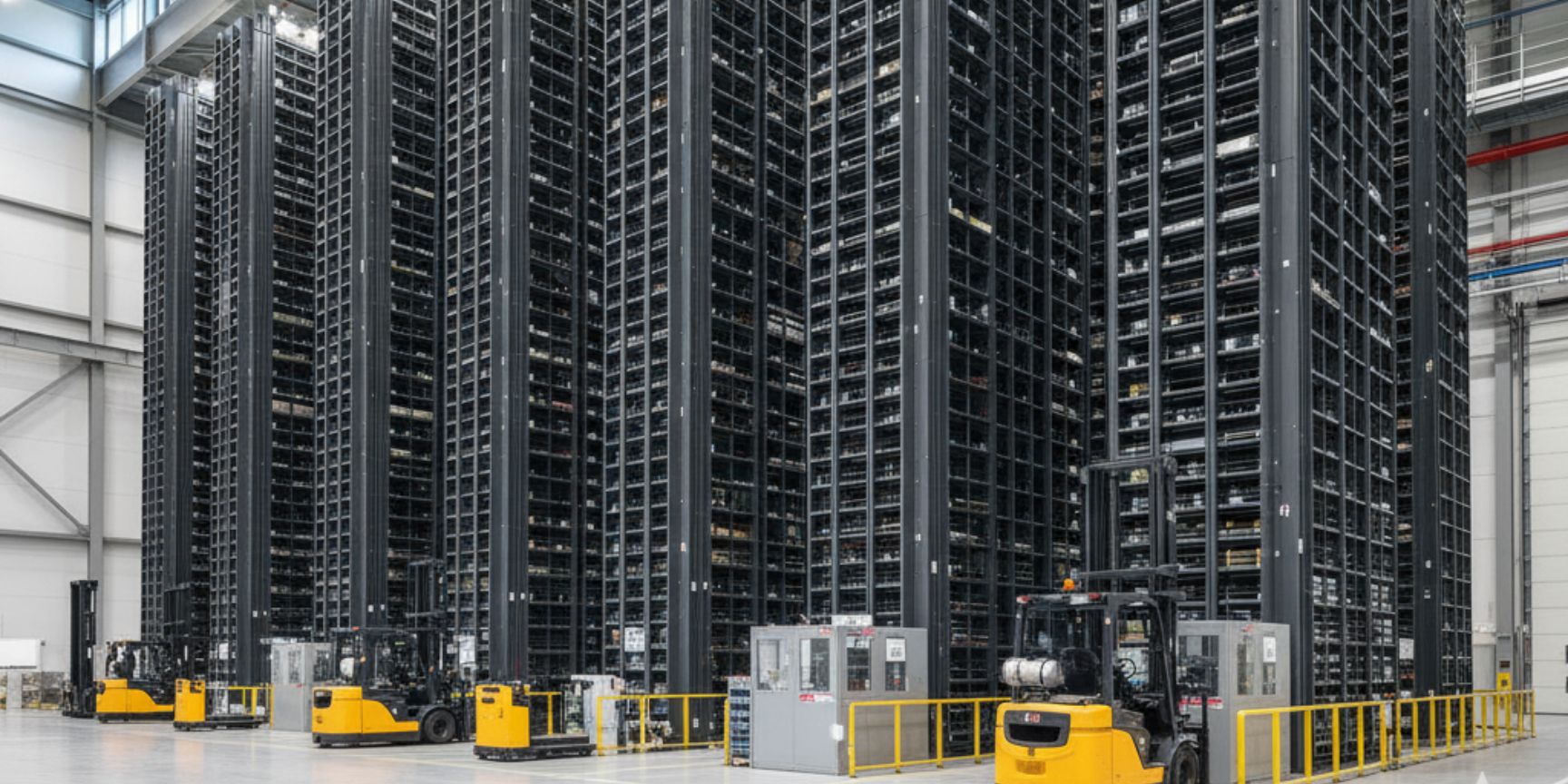 Panoramablick auf eine Reihe hoher, vertikaler Umlaufregale (Paternoster) in einer modernen Logistikhalle. Die Regale reichen fast bis zur Decke und veranschaulichen die maximale Raumausnutzung in der Lagerlogistik. Im Vordergrund sind Flurförderzeuge zu sehen, die die Größe der Lagersysteme betonen. Das Bild zeigt die Effizienz automatischer Kleinteilelager.